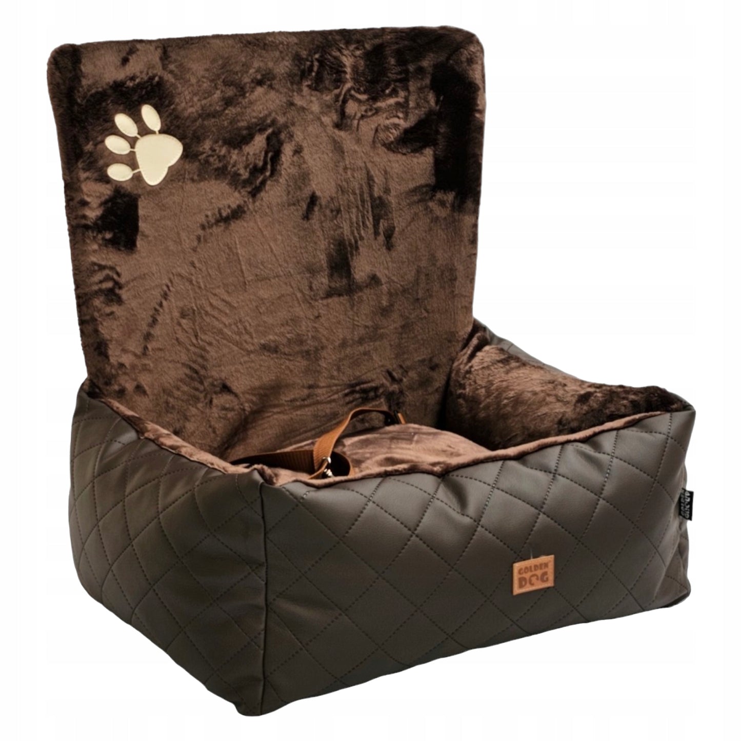 Small curly-haired dog sitting in a chocolate quilted dog car seat mounted to the front passenger chair with tan leather upholstery; plush interior and zippered sides with embroidered paw detail
