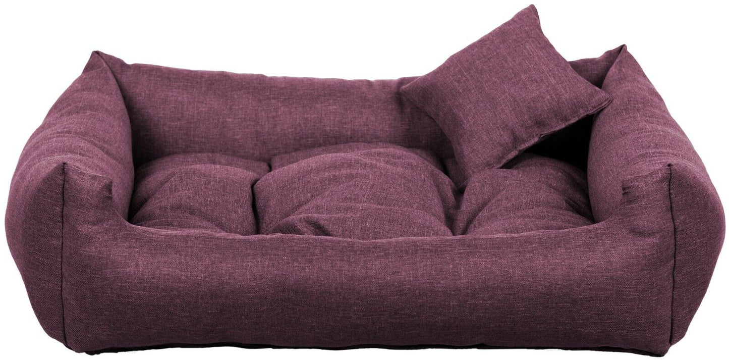 Luxury purple dog bed with soft cushion and matching pillow – elegant, easy-to-clean pet bedding