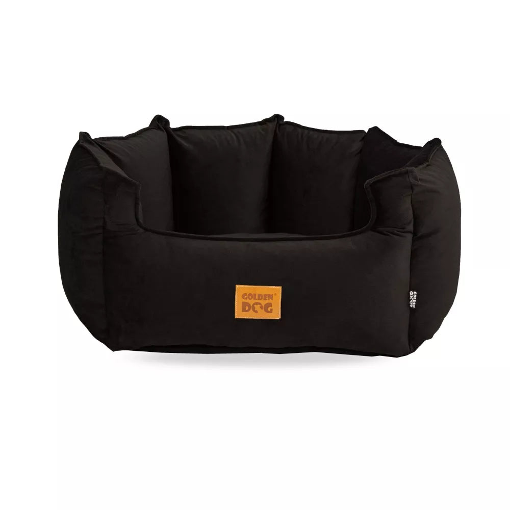 Close-up of black dog bed with zippered cover being opened — washable upholstery detail showing how the cover can be removed for cleaning