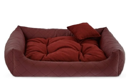 Burgundy quilted eco-leather dog bed with soft-touch cushion — luxury pet bedding designed for comfort, durability, and modern interiors