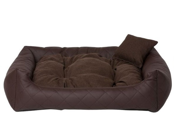 Dark brown quilted eco-leather dog bed with soft-touch cushion — luxury pet bedding designed for comfort, durability, and modern interiors