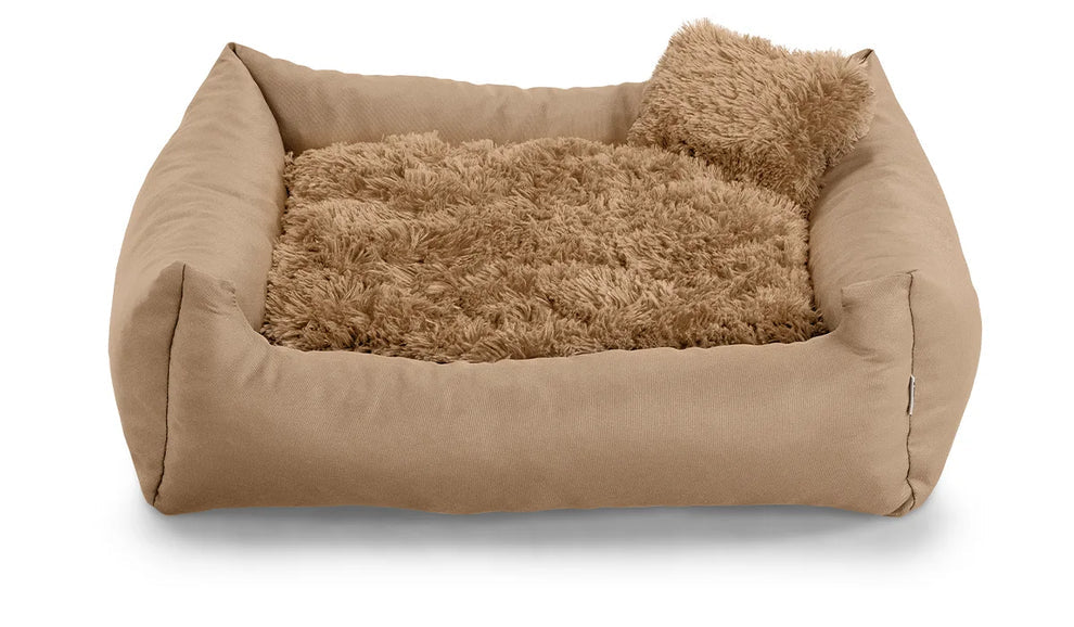 Fluffy Nelo dog bed in brown colour fabric with small pillow.
