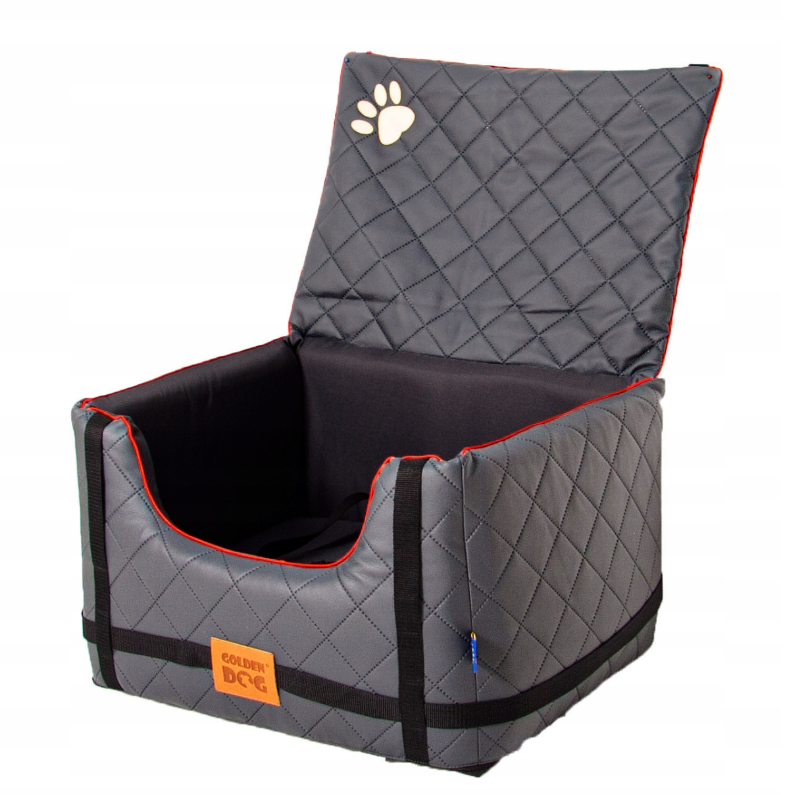 Stylish grey quilted dog car seat with red piping, Golden Dog logo patch and embroidered paw print — securely fastened for comfortable car travel