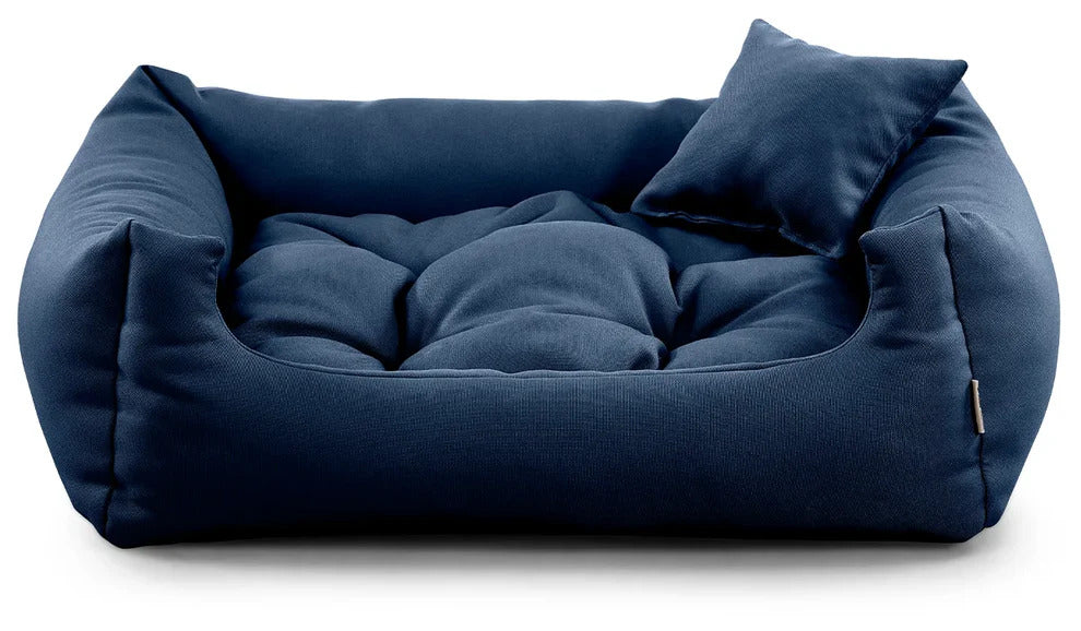 Stylish corduroy dog bed with pillow, designed for comfort and durability in navy colour.