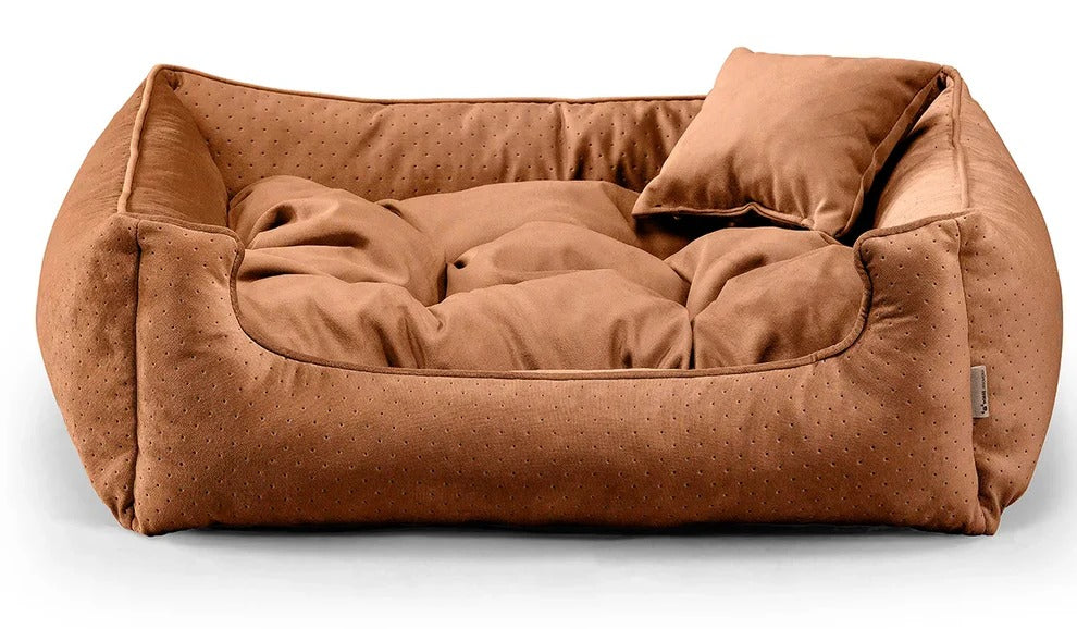 Close-up of Relax Bless dog bed in cinnamon fabric.