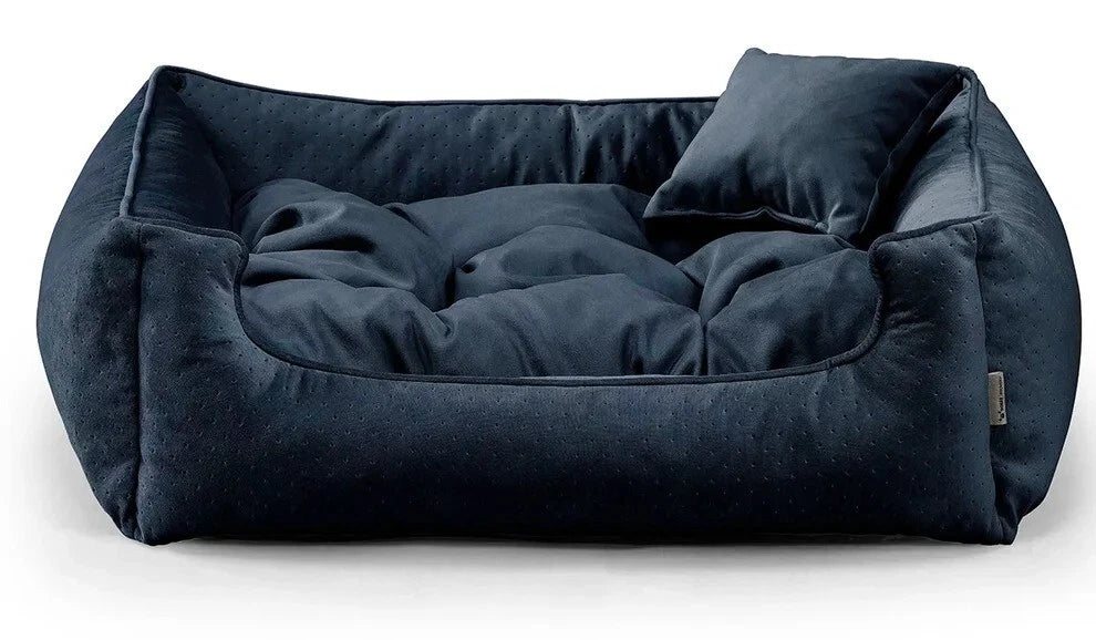 Close-up of Relax Bless dog bed in navy fabric.