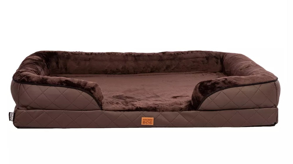 Orthopaedic dog bed in chocolate eco-leather with raised sides and soft blanket — designed for joint support and comfort,