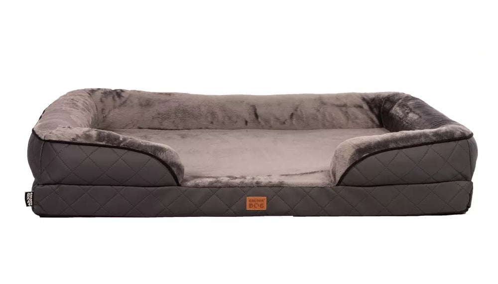 Orthopaedic dog bed in graphite eco-leather with raised sides and soft blanket — designed for joint support and comfort