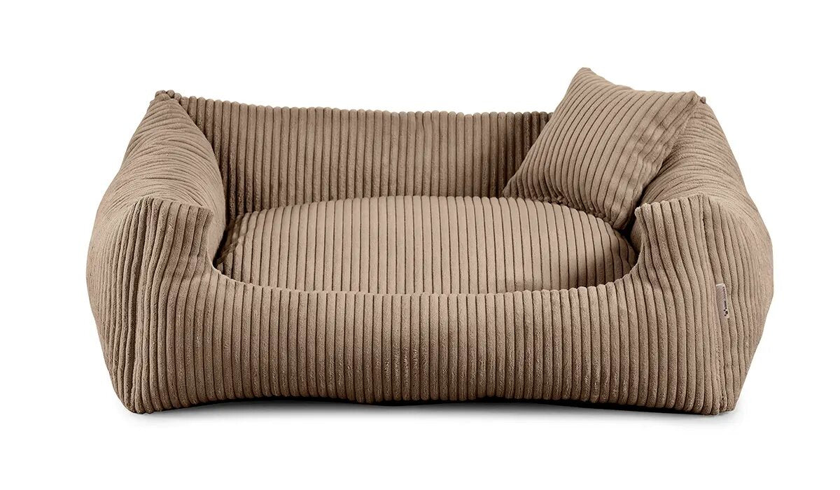 Soft Stripe dog bed in light brown colour fabric with small pillow.