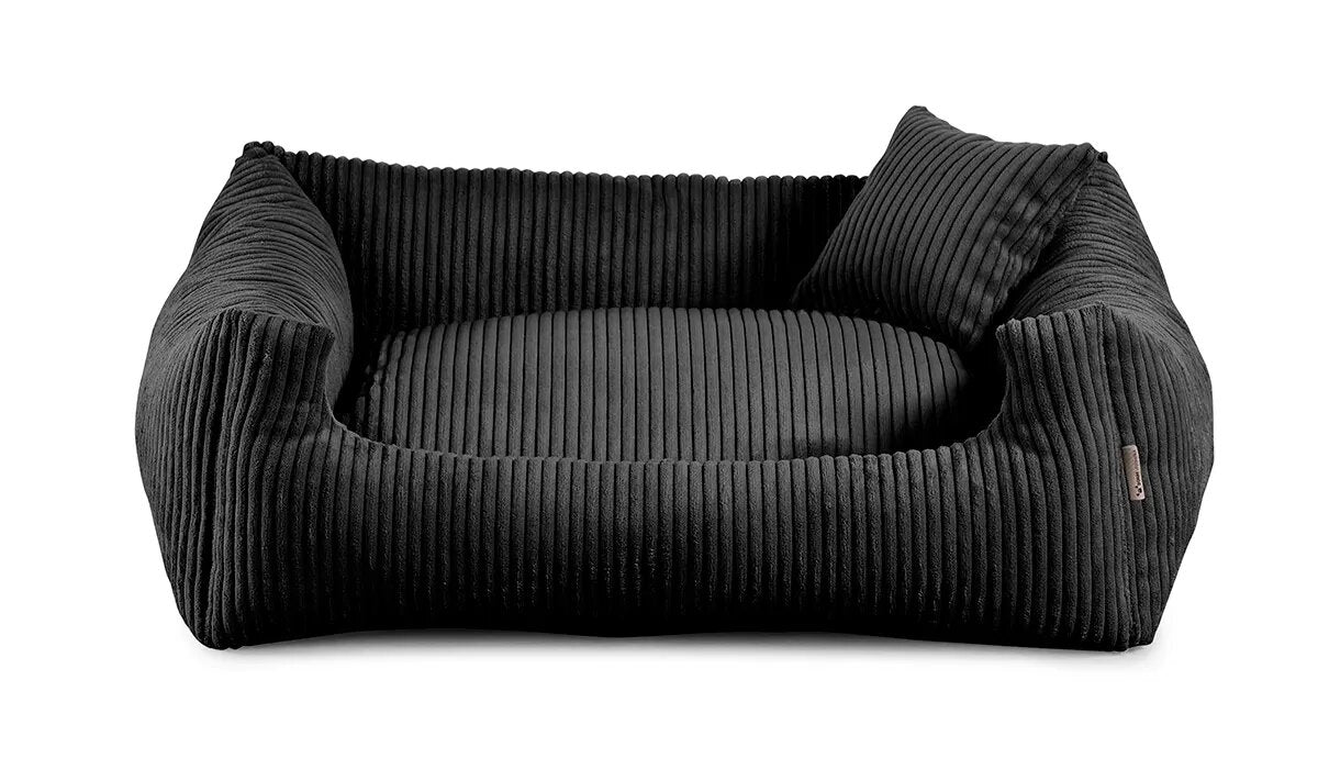 Soft Stripe dog bed in black colour fabric with small pillow.