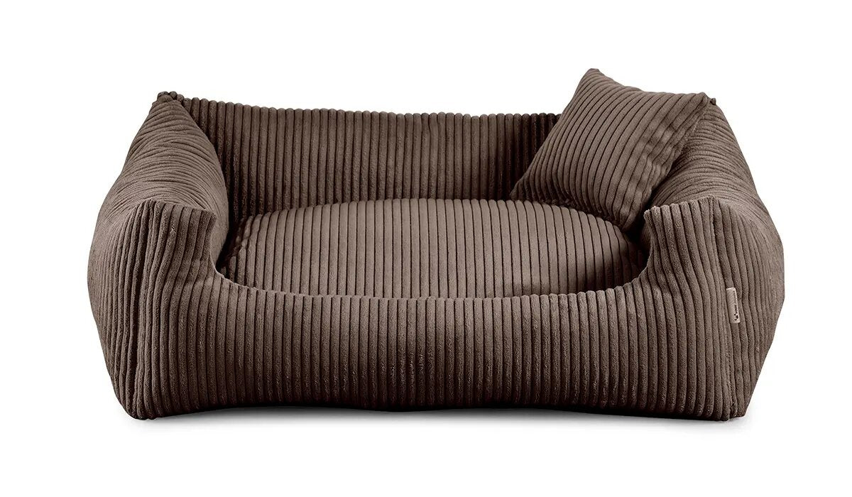 Soft Stripe dog bed in dark brown colour fabric with small pillow.