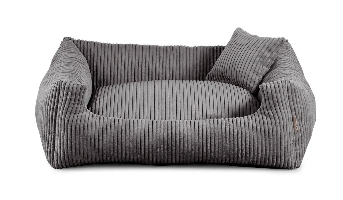 Soft Stripe dog bed in dark grey colour fabric with small pillow.