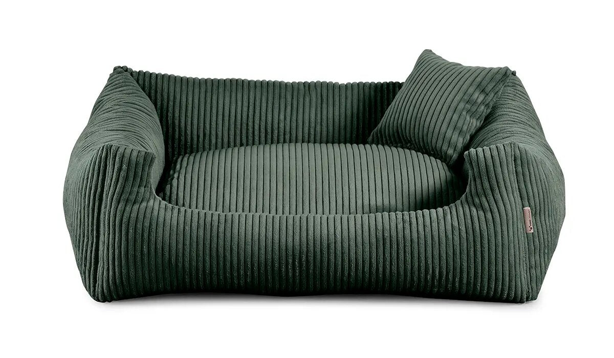 Soft Stripe dog bed in green colour fabric with small pillow.