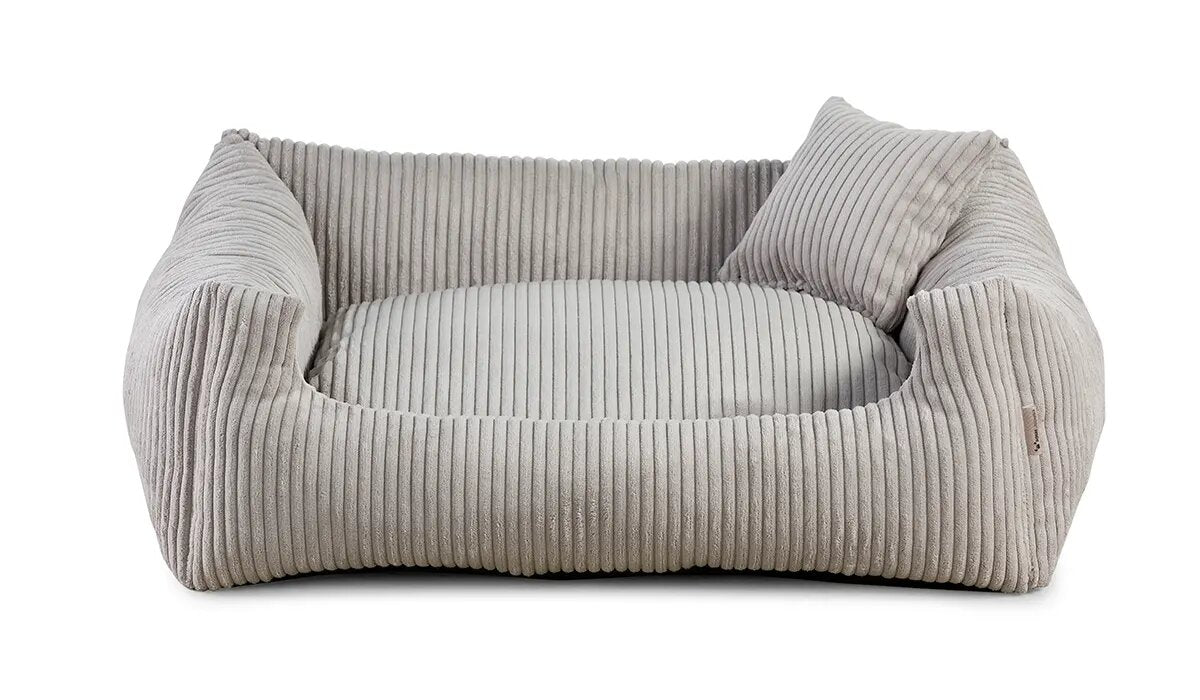 Soft Stripe dog bed in light grey colour fabric with small pillow.