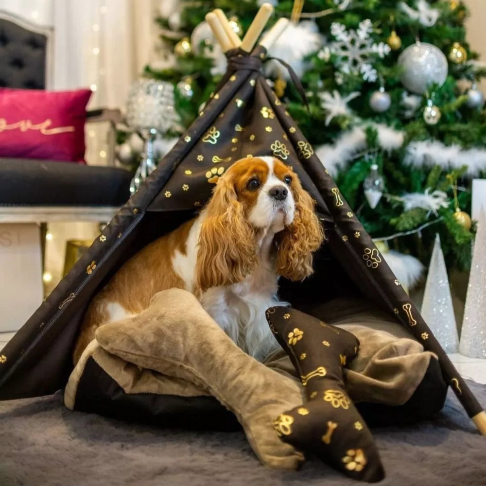 Tipi-style dog bed made from dark brown fabric with silver paw print pattern — includes matching cushion and bone-shaped pillow, supported by wooden poles