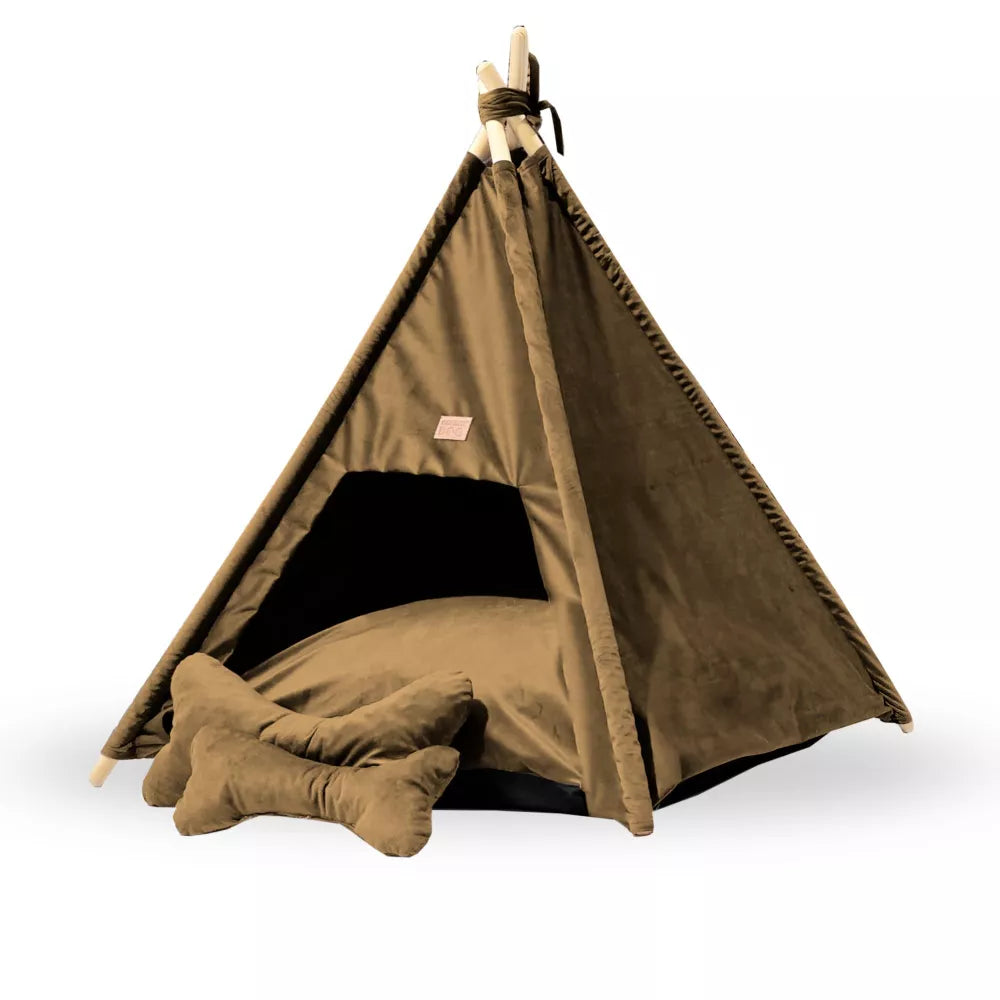 Tipi-style dog bed made from cappuccino Royal Velvet fabric — includes soft cushion and bone-shaped pillows, supported by wooden poles