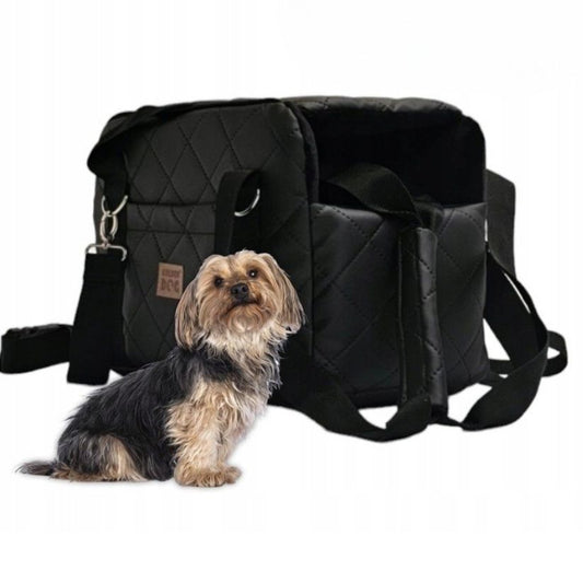 A black quilted pet carrier bag with metallic fittings and an adjustable shoulder strap, suitable for small dogs or cats—ideal for car journeys or daily walks.