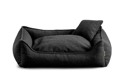 Black bouclé dog bed with shredded foam filling — Bear model, soft-touch fabric, easy to clean, and ideal for dogs of all sizes