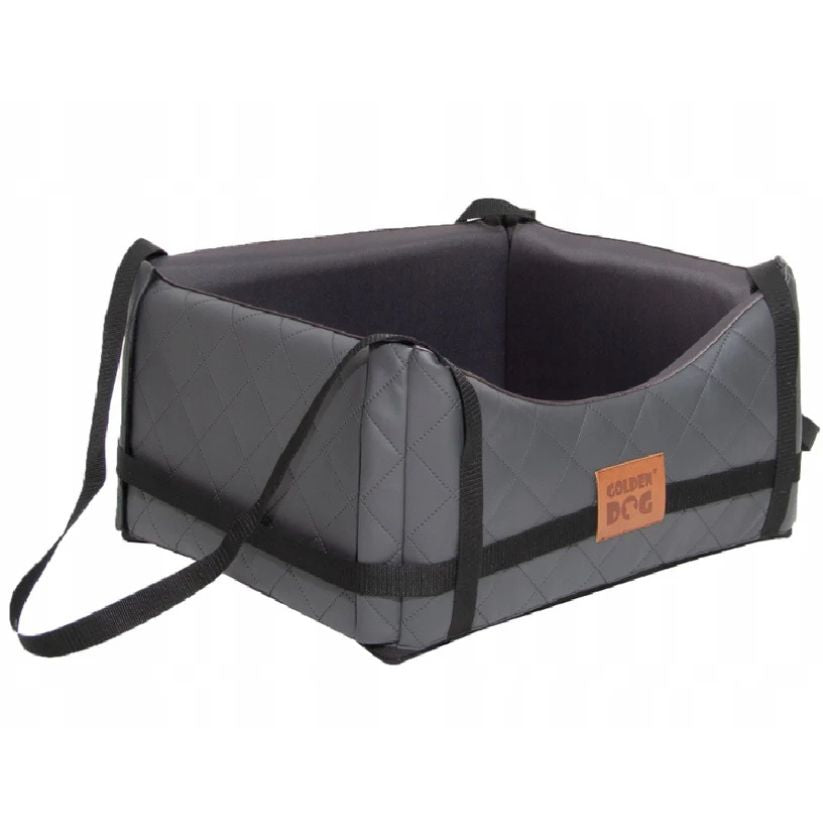 Grey quilted dog car seat cover ; includes adjustable securing straps and fits standard car seats — a protective travel accessory for pet owners.