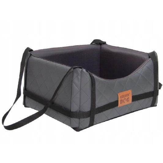 Grey quilted dog car seat cover ; includes adjustable securing straps and fits standard car seats — a protective travel accessory for pet owners.