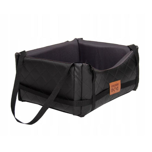 Black quilted dog car seat cover ; includes adjustable securing straps and fits standard car seats — a protective travel accessory for pet owners.