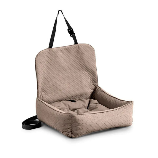 A soft, light brown upholstered dog car seat with raised backrest and safety straps, designed for secure and comfortable travel in vehicles.