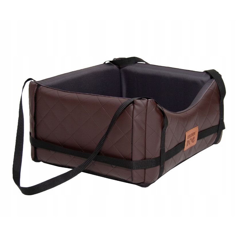 Brown quilted dog car seat cover ; includes adjustable securing straps and fits standard car seats — a protective travel accessory for pet owners.