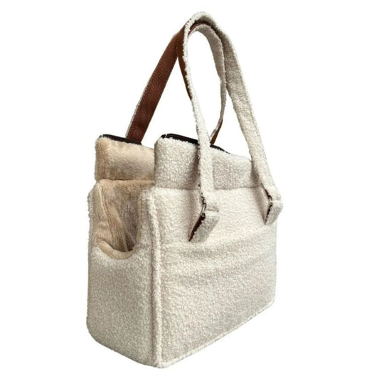 Stylish cream teddy fabric handbag with soft lining, brown handles and a practical front pocket – perfect for cosy autumn and winter outings.