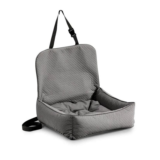 A soft, dark grey upholstered dog car seat with raised backrest and safety straps, designed for secure and comfortable travel in vehicles.
