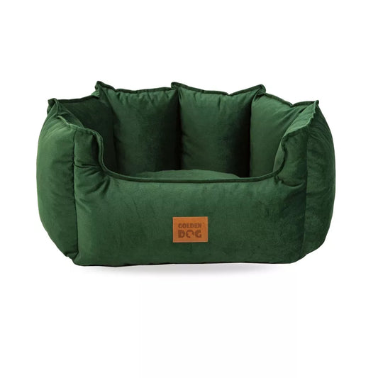 Close-up of green dog bed with zippered cover being opened — washable upholstery detail showing how the cover can be removed for cleaning