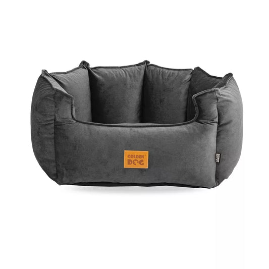 Close-up of grey dog bed with zippered cover being opened — washable upholstery detail showing how the cover can be removed for cleaning
