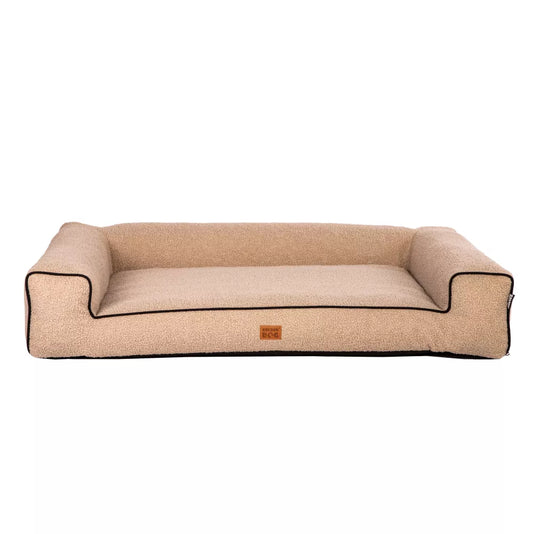 eige dog bed with raised sides, black trim — stylish and supportive pet bedding for comfort and modern interiors