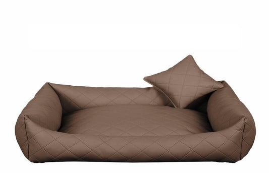 Beige fully quilted eco-leather dog bed with soft-touch finish — luxury pet bedding designed for comfort, durability, and modern interiors