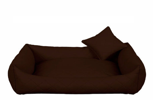 Brown fully quilted eco-leather dog bed with soft-touch finish — luxury pet bedding designed for comfort, durability, and modern interiors