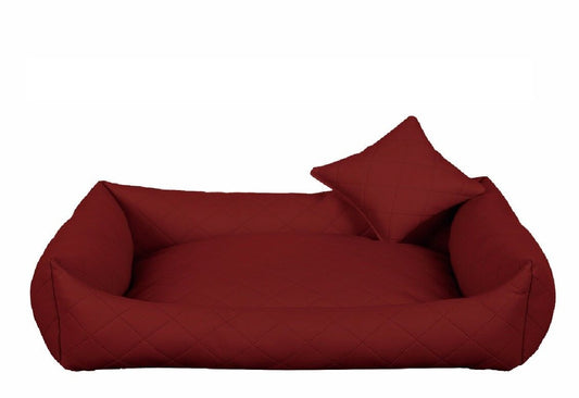Burgundy fully quilted eco-leather dog bed with soft-touch finish — luxury pet bedding designed for comfort, durability, and modern interiors