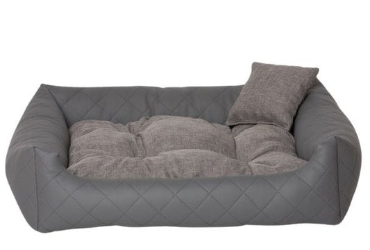 Dark grey quilted eco-leather dog bed with soft-touch cushion — luxury pet bedding designed for comfort, durability, and modern interiors