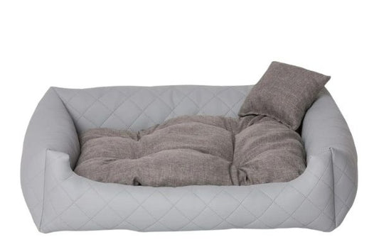 Light grey quilted eco-leather dog bed with soft-touch cushion — luxury pet bedding designed for comfort, durability, and modern interiors