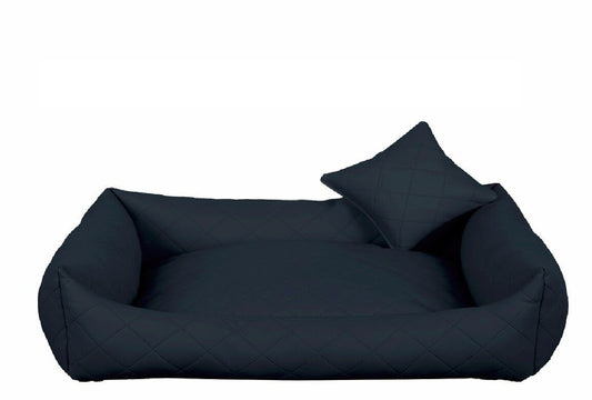Navy fully quilted eco-leather dog bed with soft-touch finish — luxury pet bedding designed for comfort, durability, and modern interiors