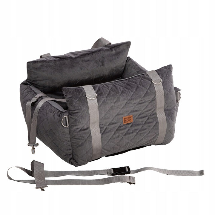 Grey quilted pet car seat and carrier from Golden Dog, featuring cosy interior padding, webbed handles, and headrest strap for secure travel with small dogs or cats.”