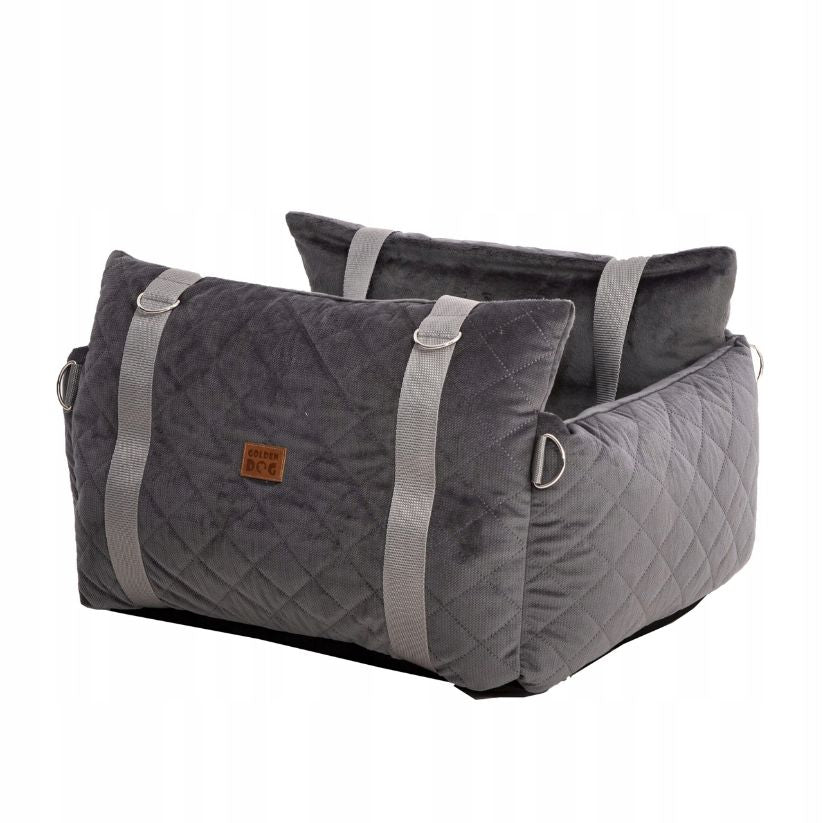 Grey quilted pet car seat and carrier from Golden Dog, featuring cosy interior padding, webbed handles, and headrest strap for secure travel with small dogs or cats.”