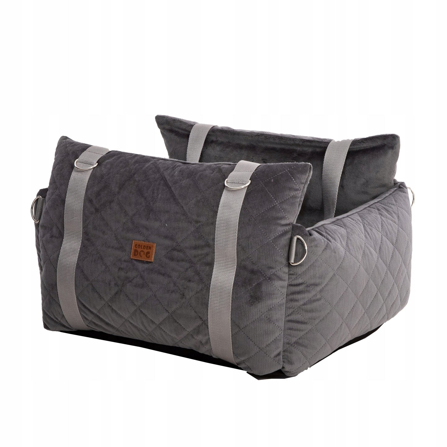 Grey quilted pet car seat and carrier from Golden Dog, featuring cosy interior padding, webbed handles, and headrest strap for secure travel with small dogs or cats.”