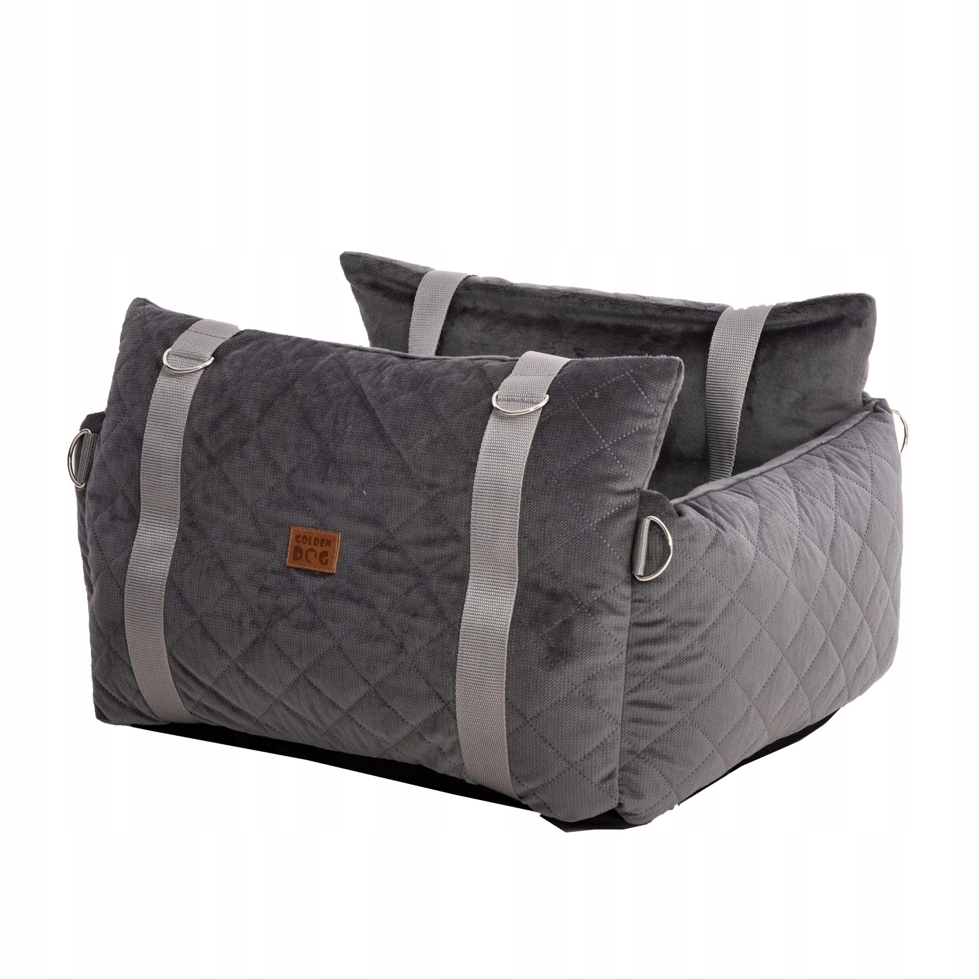 Grey quilted pet car seat and carrier from Golden Dog, featuring cosy interior padding, webbed handles, and headrest strap for secure travel with small dogs or cats.”