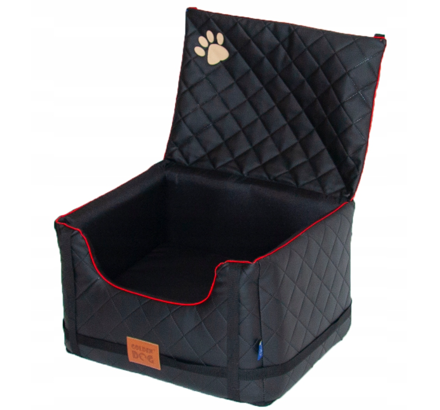 Stylish black quilted dog car seat with red piping, Golden Dog logo patch and embroidered paw print — securely fastened for comfortable car travel