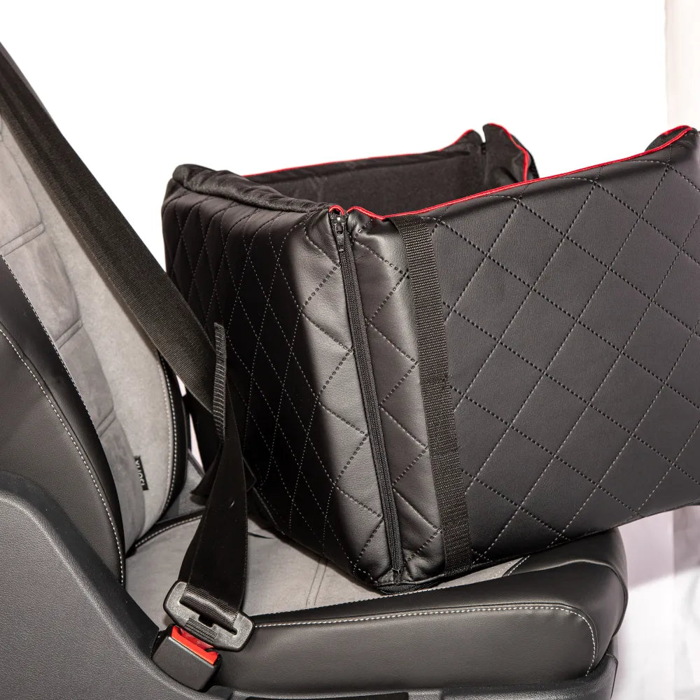 Stylish black quilted dog car seat with red piping, Golden Dog logo patch and embroidered paw print — securely fastened for comfortable car travel