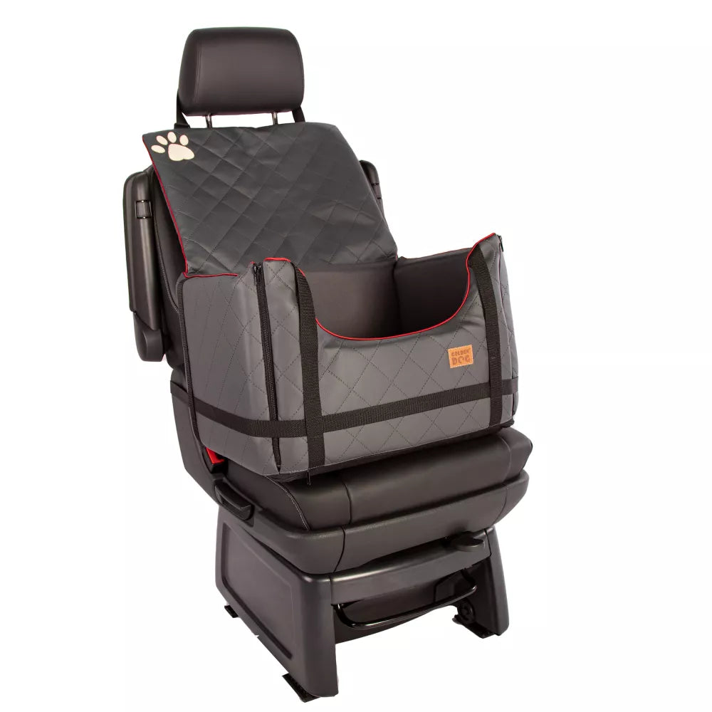 Stylish grey quilted dog car seat with red piping, Golden Dog logo patch and embroidered paw print — securely fastened for comfortable car travel