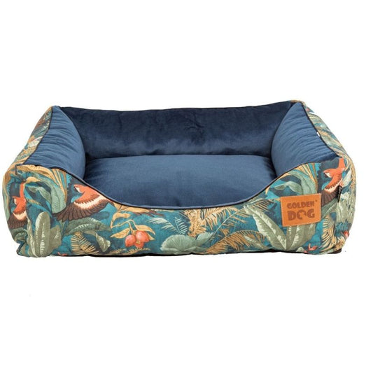 Premium square dog bed with blue interior and birds -patterned sides in blue, orange, and green — a stylish and comfortable lounger for small to medium-sized pets.