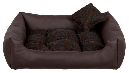 Luxury dark brown dog bed with soft cushion and matching pillow – elegant, easy-to-clean pet bedding by PAWDORO