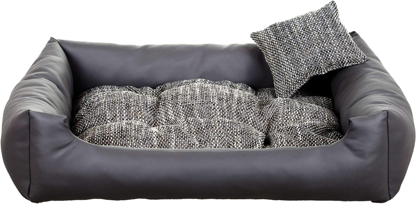 Luxury dark grey dog bed with soft cushion and matching pillow – elegant, easy-to-clean pet bedding by PAWDORO