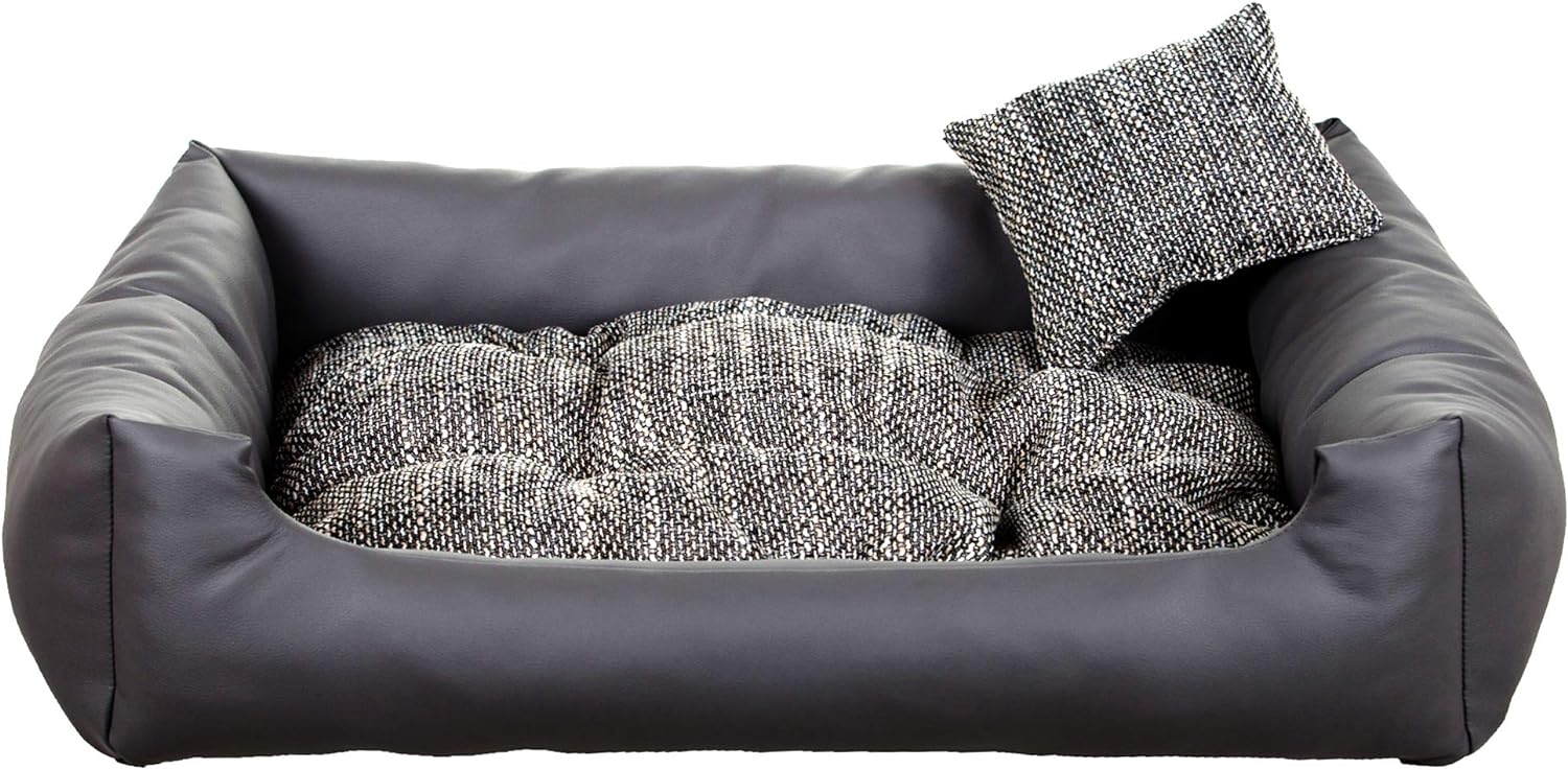Luxury dark grey dog bed with soft cushion and matching pillow – elegant, easy-to-clean pet bedding by PAWDORO