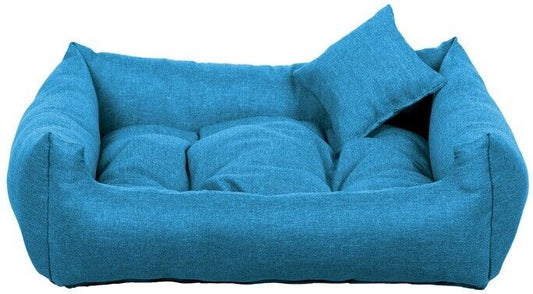 Luxury light blue dog bed with soft cushion and matching pillow – elegant, easy-to-clean pet bedding by PAWDORO